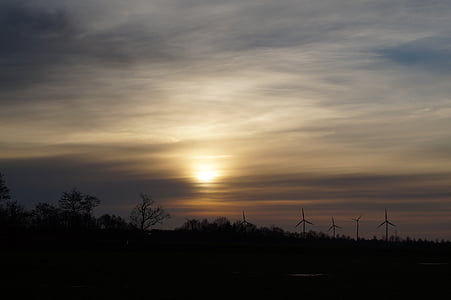solnedgang, abendstimmung, romantisk, himmelen, vindturbiner, vindkraft, vindpark