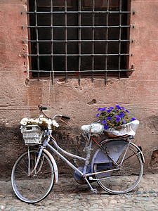 kerékpár, virágok, Kuka, történelmi központ, finalborgo, Liguria, régi