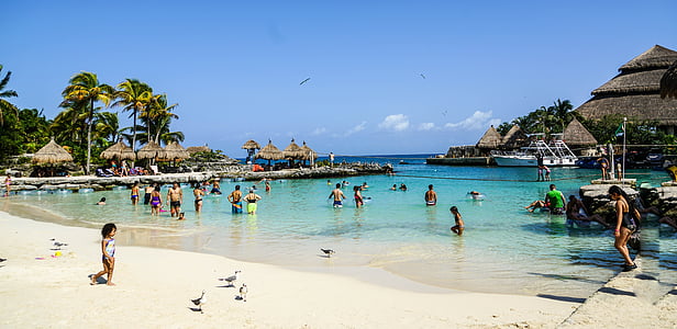 Xcaret, Cancun, Mexico, lagunen, hytta, folk, person