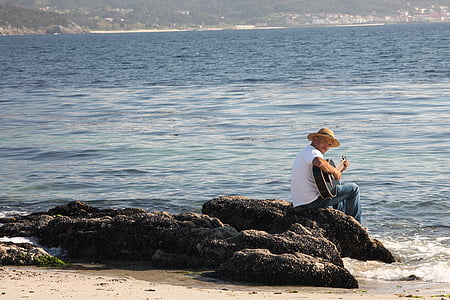 gitar, stranden, sjøen, musikk, spille gitar, mann