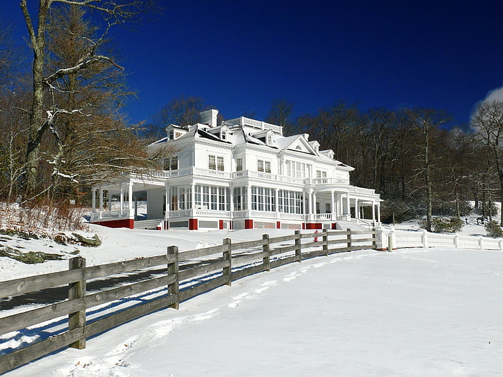 Landschaft, Haus, im freien, mit Blick auf, Schnee, Zaun, landschaftlich reizvolle