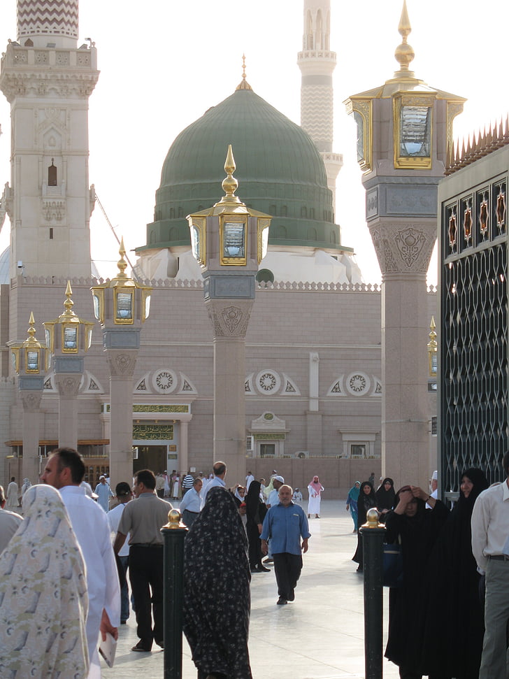 moskén, islamiska, profet stad, muslimer, grön kupol, be, arkitektur