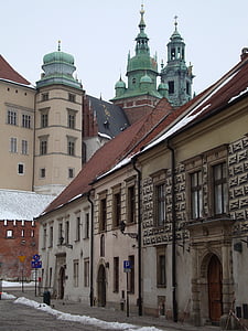 Krakov, Polonya, mimari, anıtlar, sokak, binalar, Kış