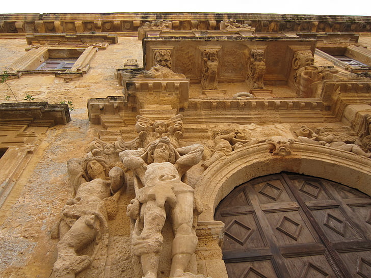 méditerranéenne, tuf, fresque, façade, brun, architecture, relieff