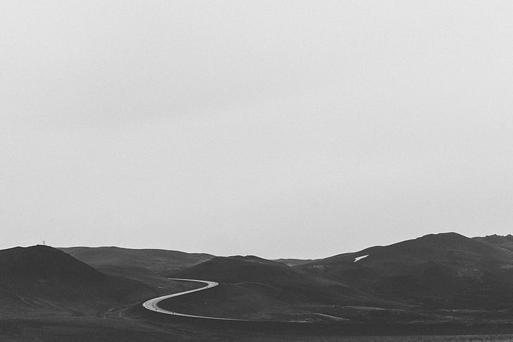 black-and-white, country road, hills, lonely road, road