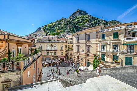 Amalfi, krasts, kalns, baznīca, katedrālē, kvadrāts, pilsēta