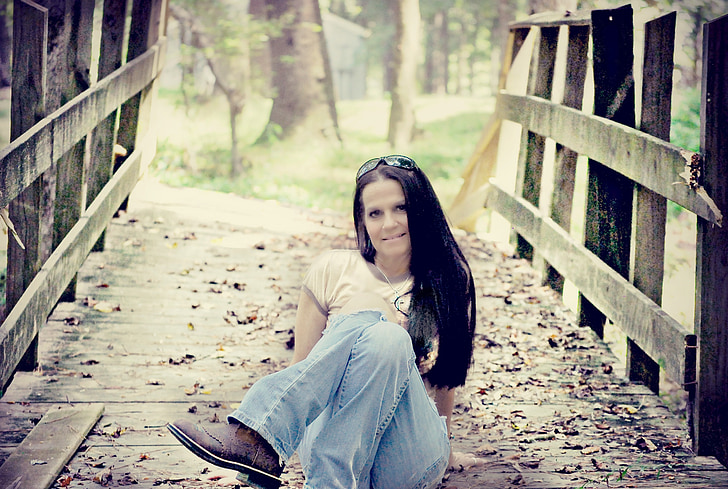 woman, bridge, nature, sitting, jeans, outdoors