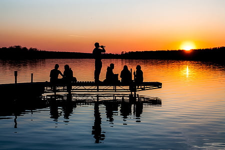 lake, river, sunset, sun, sky, golden hour, people