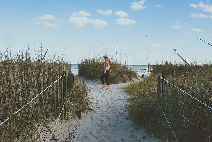 stranden, kvinna, gräs, naturen, person, Sand, Shore