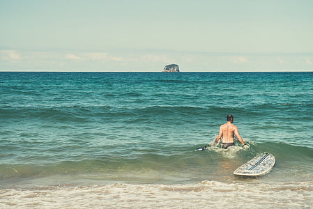 homme, plage, planche de surf, Journée, temps, chaud, océan