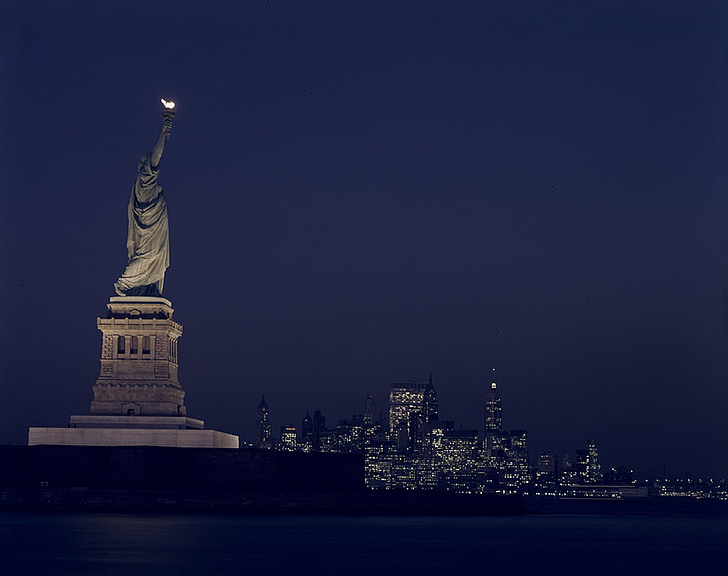 statue of liberty, night, lights, landmark, new york, america, monument
