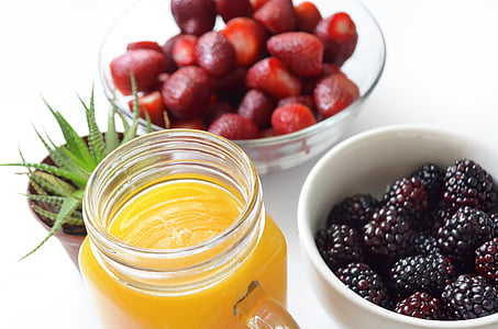 fruits, juice, orange, strawberries, blackberries, breakfast, healthy
