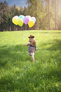 person, human, girl, long hair, balloons, nature, out