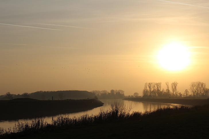 rivière, hiver, eau, soleil du soir, Hunte, Oldenburg, atmosphériques