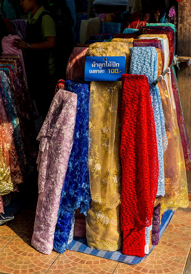 teixit, tovalloles, colors, mercat de warorot, Chiang mai, nord de Tailàndia