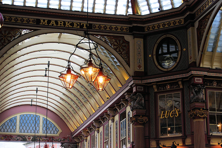 leadenhall market, london, architecture, building, lights, arcades
