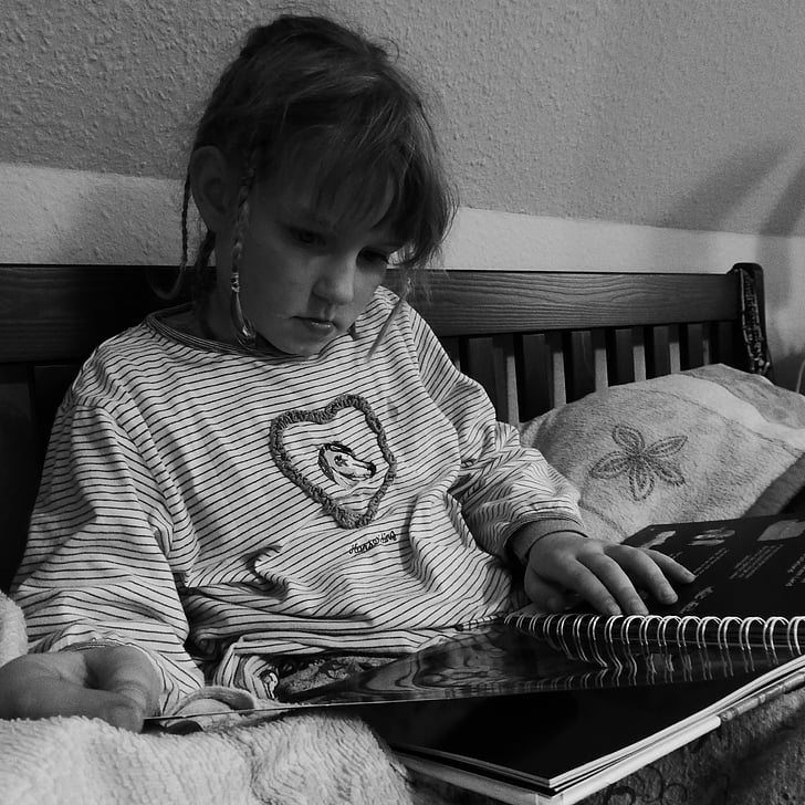 child, read, rest, silent, black and white, learn, girl