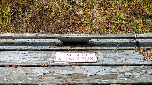 boat, sign, use at own risk, dock, water, wooden, paint