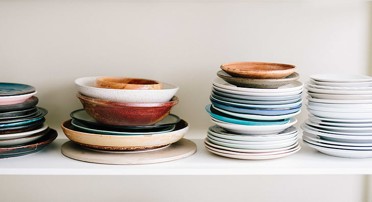 plates, utensils, cabinet, bowls, colorful, design, decoration