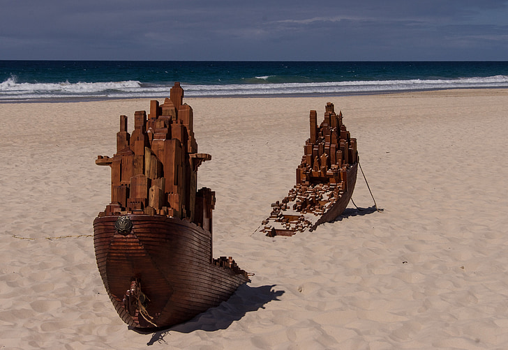 корабокрушението, скулптура, изкуство, развалина, плаж, погребан, модел