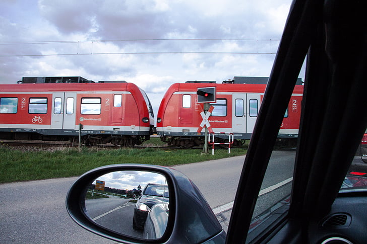 satiksme, Transports, aizmugures spogulī, s bahn, sarkana, vilciens, mobilais