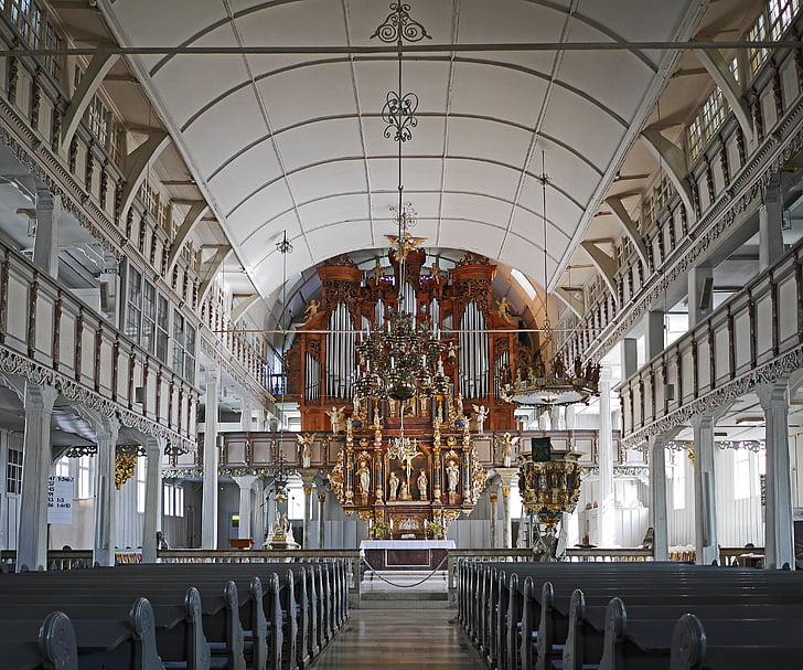 largest wooden church in germany, clausthal-zellerfeld, market church, evangelical lutheran, nave, interior, sanctuary