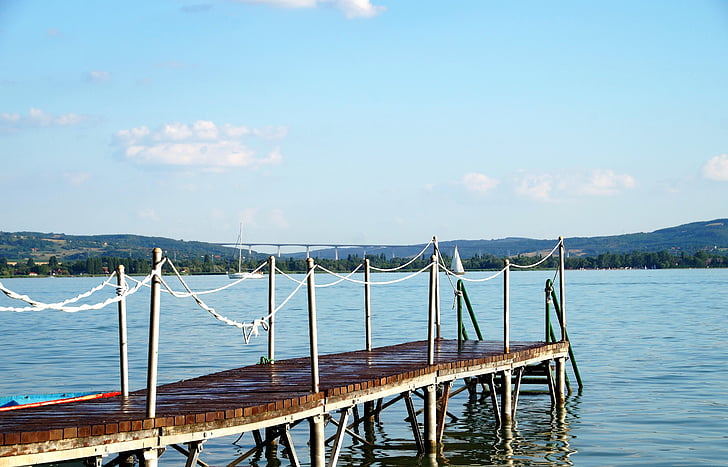 Pier, gångbro, sjön, Balaton, vattenområde, trappstege