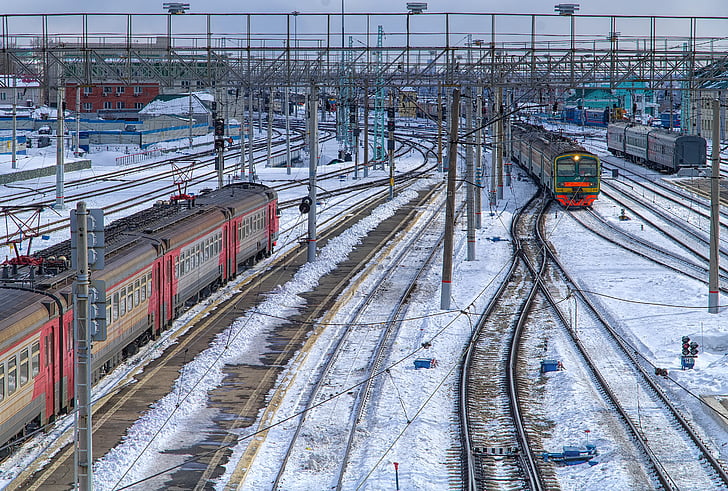 cale ferată, iarna, tren, nod, mişcare, tren electric, şine