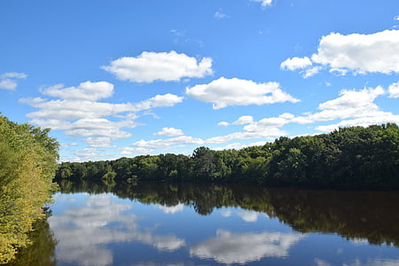 river reflections, clouds, sky, river, landscape, blue, water