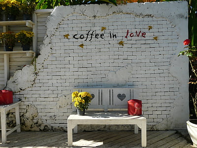 咖啡厅, 咖啡, 爱, 板凳, 墙上, 喷壶, 泰国