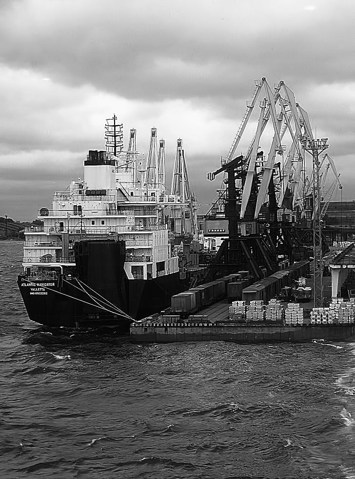 pristanišča, ladja, črno-belo, Peter, Rusija, pristanišča, komercialne nabrežje