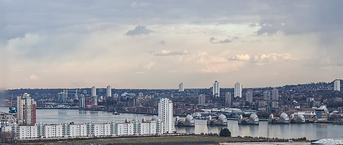 London, upes, Thames, Thames barrier, siluets, Panorama, debesis