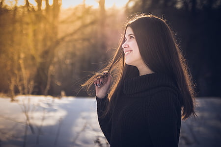 Tüdruk, portree, talvel, Ilu, rõõmu, metsa, Sunset
