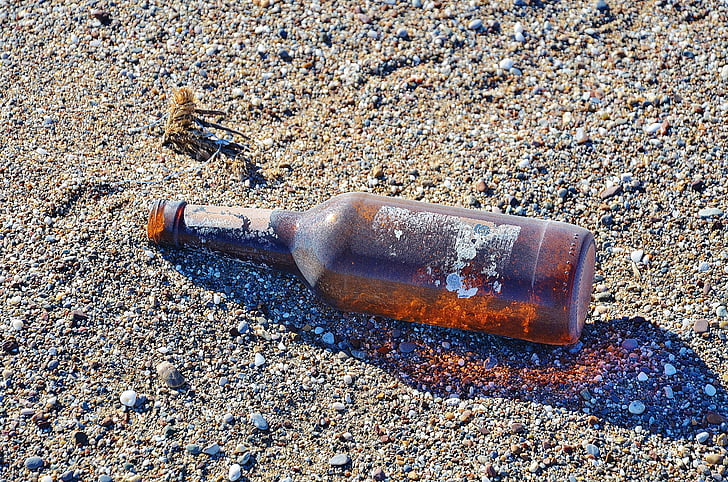 bottle, sand, beach, shore, sandy, glass, message