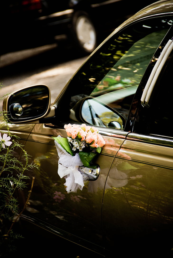 limousine, wedding, flowers, roses