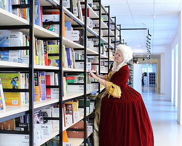 library, books, woman, queen, girl, dress, wig