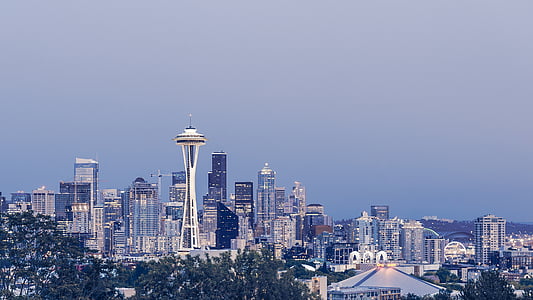 ēkas, pilsēta, cilvēki un kultūra, centrs, panorāmas, Seattle, debesis