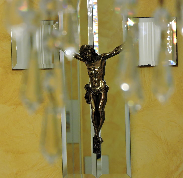 crucifix, Jesús, mirall, cristalls, vidre