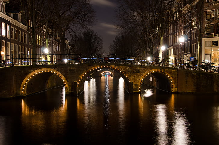 Amszterdam, híd, épületek, csatorna, város, Hollandia, fények