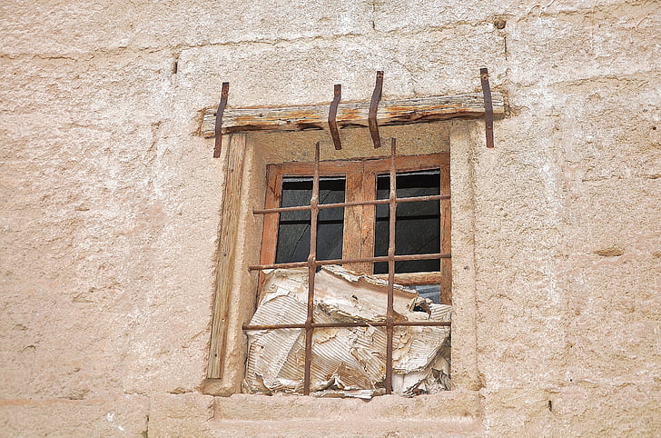 okno, stari, steklo, opeke, rdeča