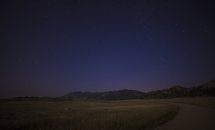 mountains, grass, field, starry, night, sky, stars