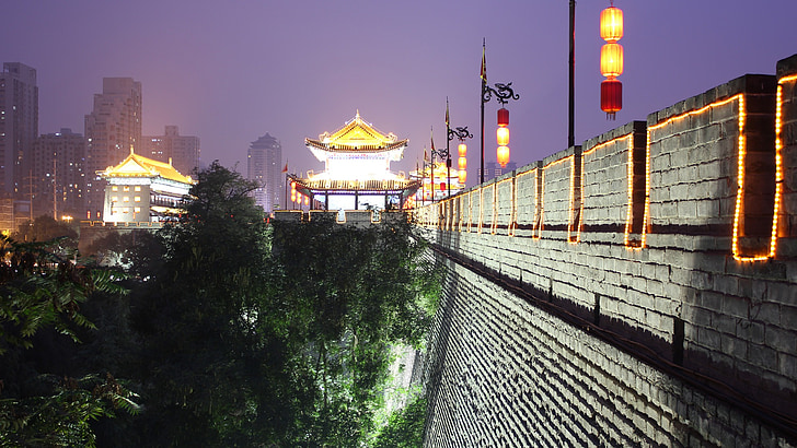 wall, china, night, lights, pagoda, urban, xi'an