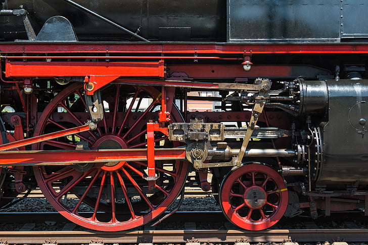 locomotiva a vapore, bielle, ruote, telaio, cilindro, pignone, ferrovia