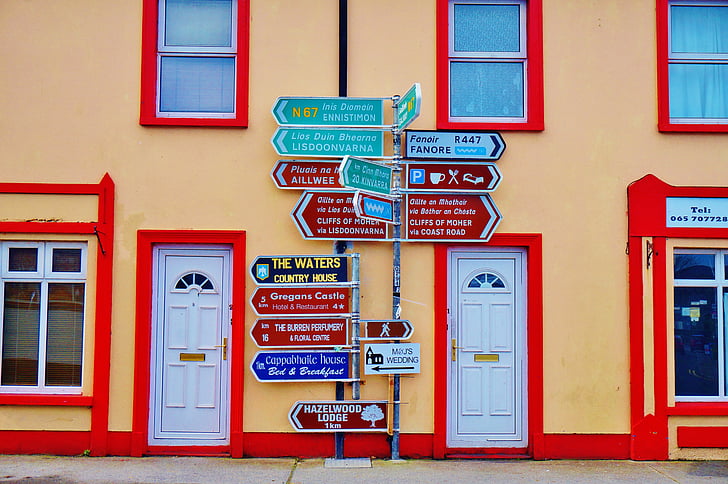Irlanda, Galway, signo de, carretera, Casa, forma, puerta