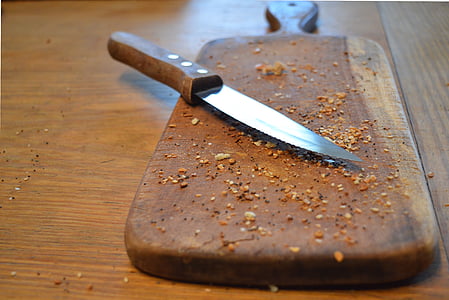 photo, brown, wooden, handle, knife, chopping, board