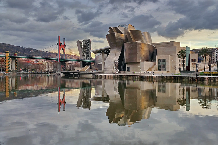 Múzeum, Guggenheim, Bilbao, éles megvilágításba hoz, építészet, tükör, Ria