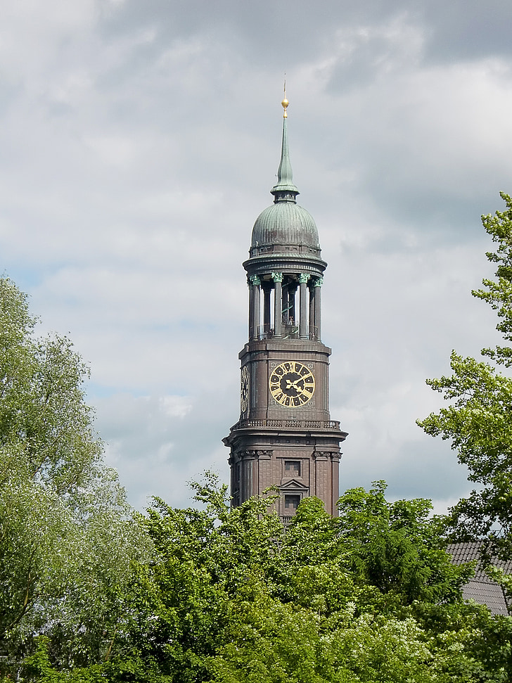 michel, tower, steeple, church, hamburg, clock, clock tower