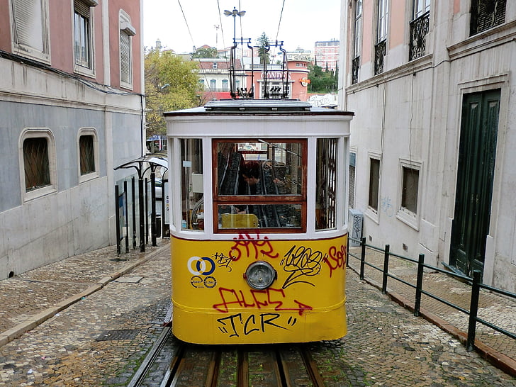 trasporto, tram, Lisbona, trasporti pubblici, binari del tram