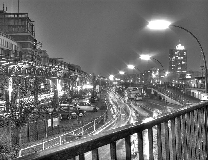 Hamborg, Tyskland, nat, City, lanterner, sort og hvid, trafik