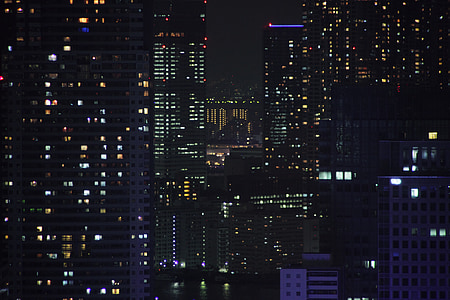 noční zobrazení, Tokio, město, budova, mrakodrap